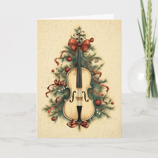 Vintage Christmas Sheet Music and Cello Holiday Card (Front)
