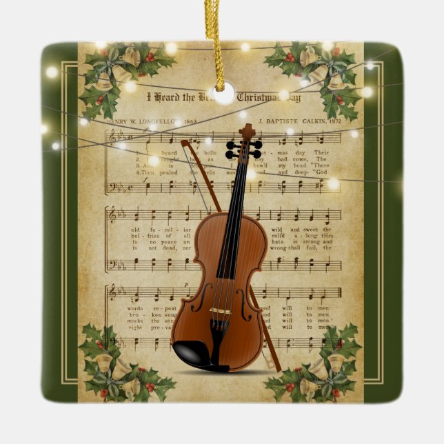 Vintage Christmas Sheet Music Violin Ceramic Ornament (Front)
