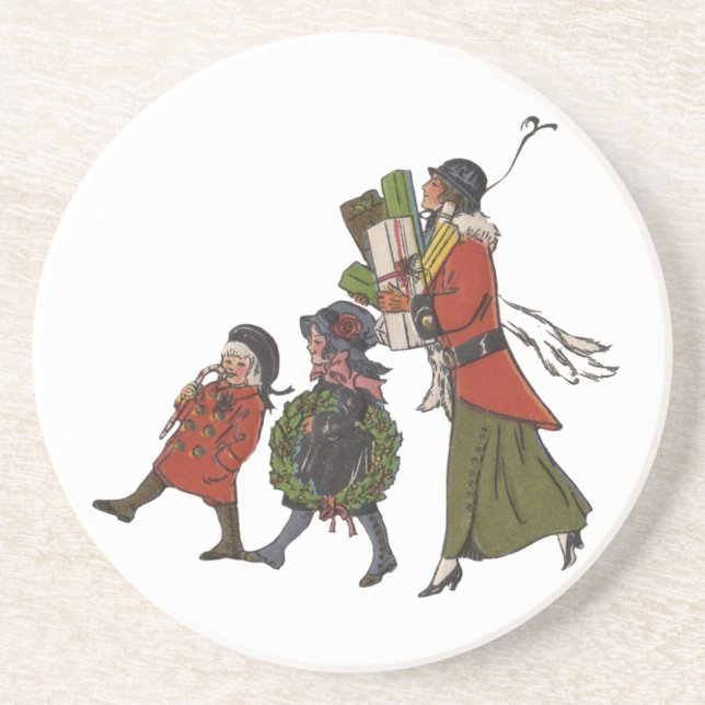 Vintage Christmas Shopping Family Fun Coaster (Front)