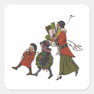 Vintage Christmas Shopping Family Fun Square Sticker