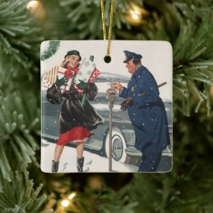 Vintage Christmas, Shopping Presents Policeman Ceramic Ornament