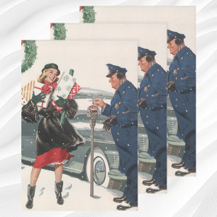 Vintage Christmas, Shopping Presents Policeman Wrapping Paper Sheet