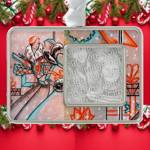 Vintage Christmas Shopping Silver Plated Framed Ornament