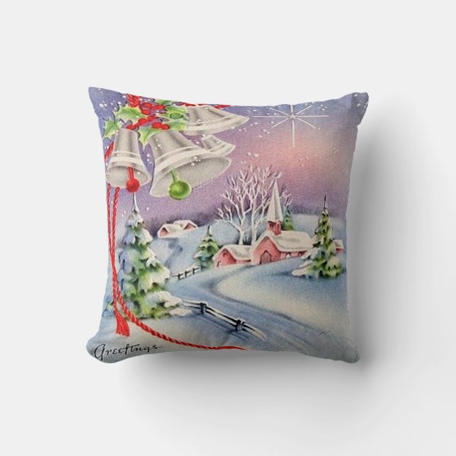  Vintage Christmas Silver Bells Church Winter Day Cushion (Front)
