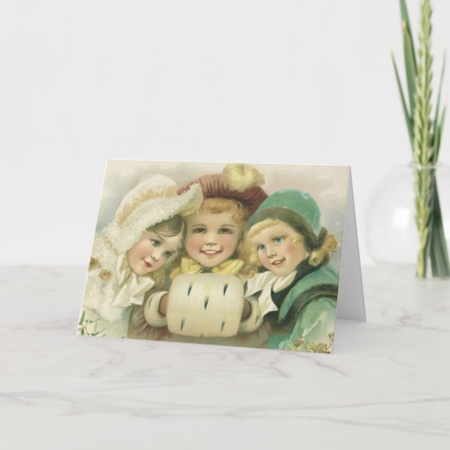 Vintage Christmas Sisters, Victorian Children Holiday Card (Front)