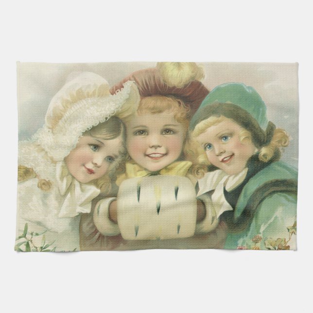Vintage Christmas Sisters, Victorian Children Tea Towel (Horizontal)