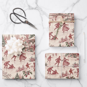 Vintage Christmas Skating Festival Toile Pattern Wrapping Paper Sheet