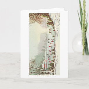 Vintage Christmas Skating On Pond Holiday Card