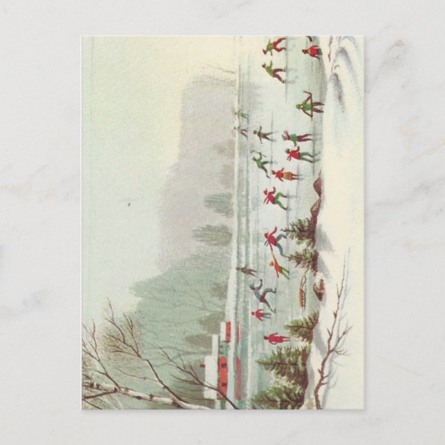 Vintage Christmas Skating On Pond Holiday Postcard (Front)