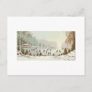 Vintage Christmas Skating On Pond Holiday Postcard