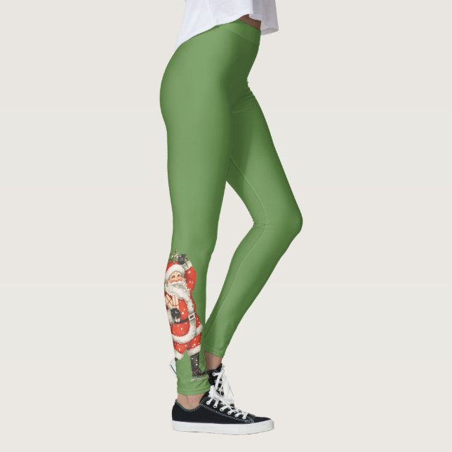 Vintage Christmas, Skating Santa Claus w Mistletoe Leggings (Right)