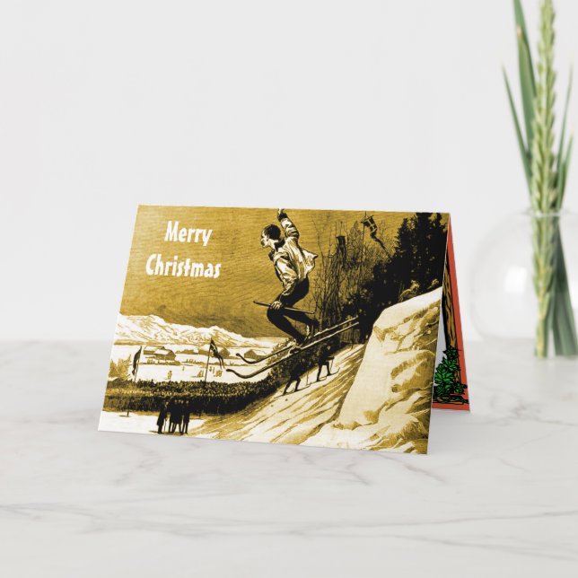 VIntage Christmas,Ski race winner, gold Holiday Card (Front)