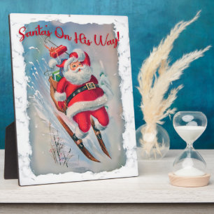 Vintage Christmas Skiing Santa Sign Plaque