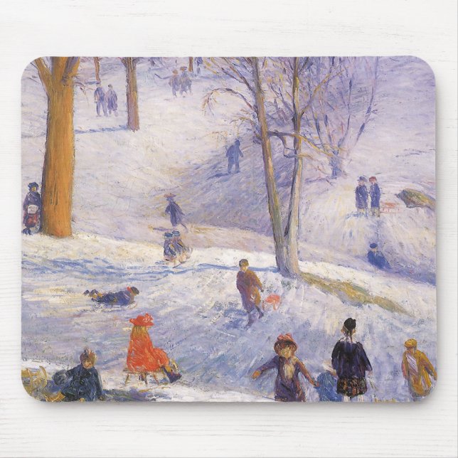 Vintage Christmas, Sledding, Central Park Glackens Mouse Mat (Front)