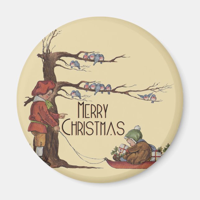 Vintage Christmas Sledding Magnet (Front)