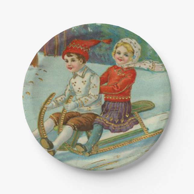 Vintage Christmas Sledding with Children Paper Plate (Front)