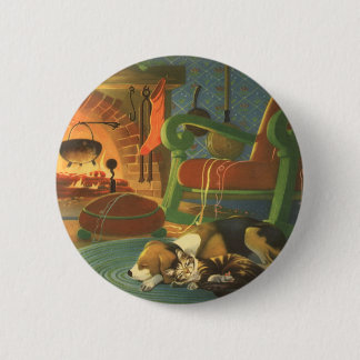 Vintage Christmas, Sleeping Animals by Fireplace 6 Cm Round Badge