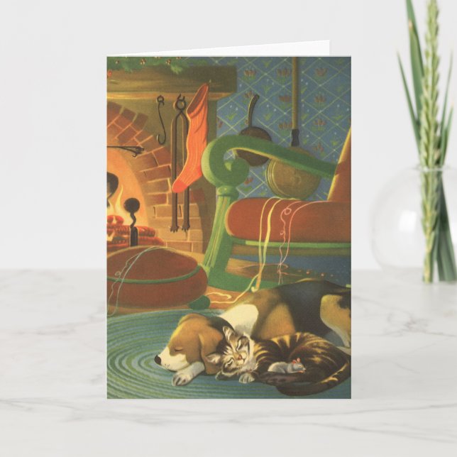 Vintage Christmas, Sleeping Animals by Fireplace Holiday Card (Front)