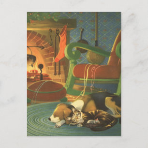 Vintage Christmas, Sleeping Animals by Fireplace Holiday Postcard