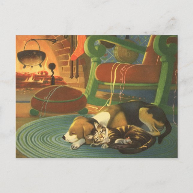 Vintage Christmas, Sleeping Animals by Fireplace Holiday Postcard (Front)