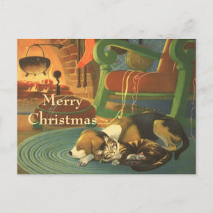 Vintage Christmas, Sleeping Animals by Fireplace Holiday Postcard