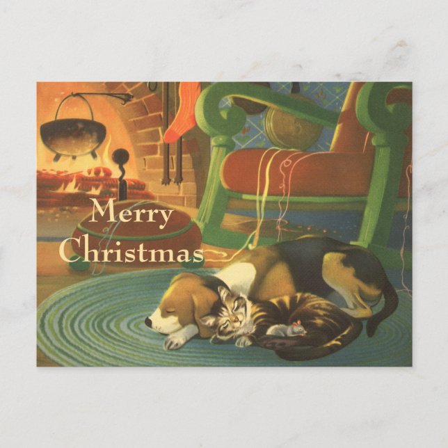 Vintage Christmas, Sleeping Animals by Fireplace Holiday Postcard (Front)