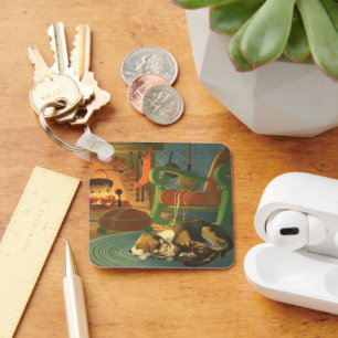 Vintage Christmas, Sleeping Animals by Fireplace Key Ring