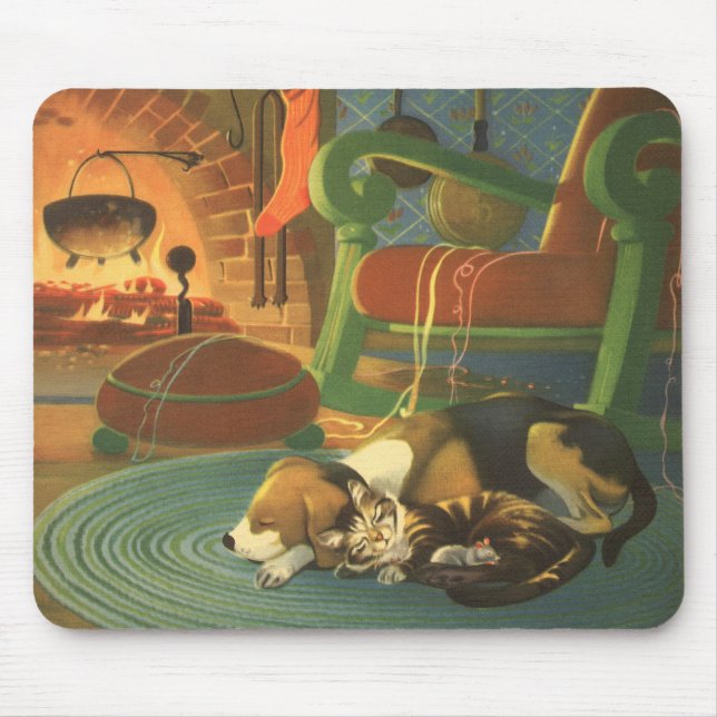 Vintage Christmas, Sleeping Animals by Fireplace Mouse Mat (Front)