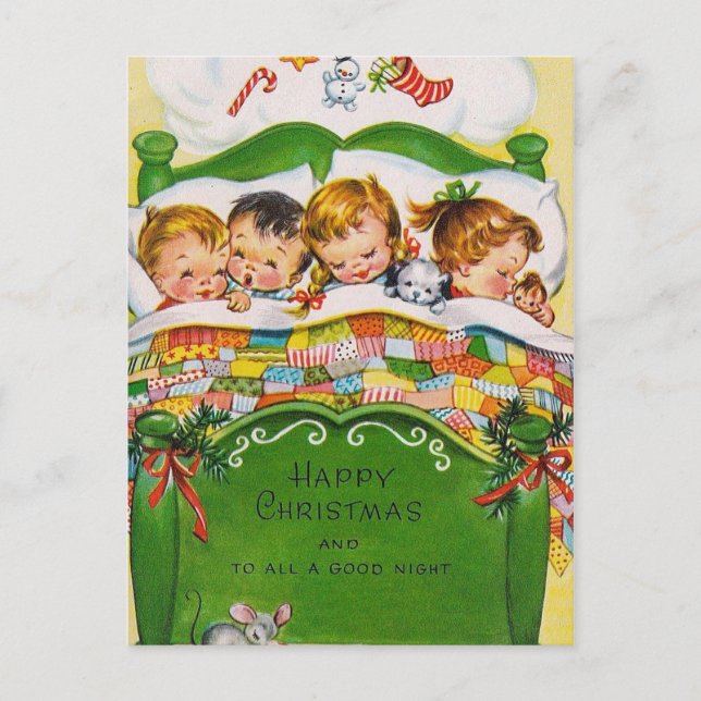 Vintage Christmas sleeping kids Holiday postcard (Front)