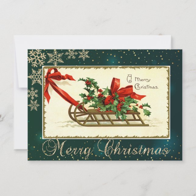 Vintage Christmas Sleigh,Mistletoe Snowflakes Holiday Card (Front)