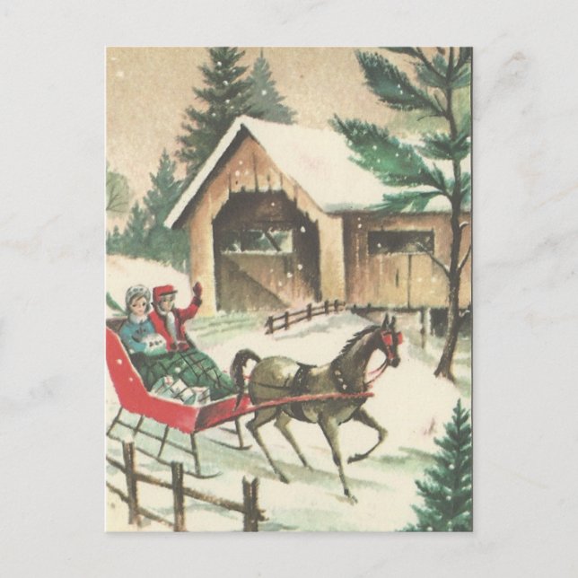 Vintage Christmas Sleigh Ride Holiday Postcard (Front)