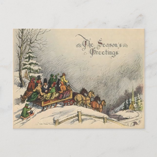 Vintage Christmas Sleigh Ride Postcard (Front)