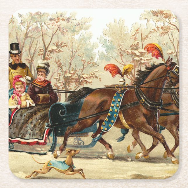 Vintage Christmas Sleigh Ride Square Paper Coaster (Front)