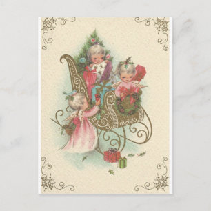 Vintage Christmas Sleigh With Angels Holiday Postcard