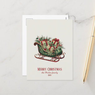 Vintage Christmas Sleigh with Gifts and Greenery  Holiday Postcard