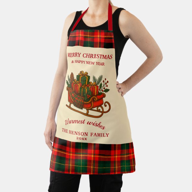Vintage Christmas Sleigh with Gifts and Plaid  Apron (Insitu)