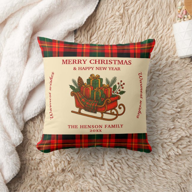 Vintage Christmas Sleigh with Gifts and Plaid  Cushion (Blanket)