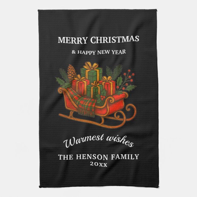 Vintage Christmas Sleigh with Gifts  Tea Towel (Vertical)