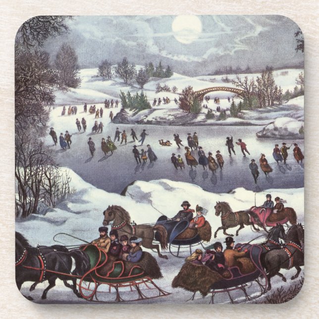 Vintage Christmas Sleighs, Central Park in Winter Coaster (Front)