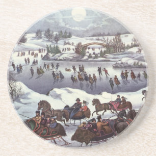 Vintage Christmas Sleighs, Central Park in Winter Coaster