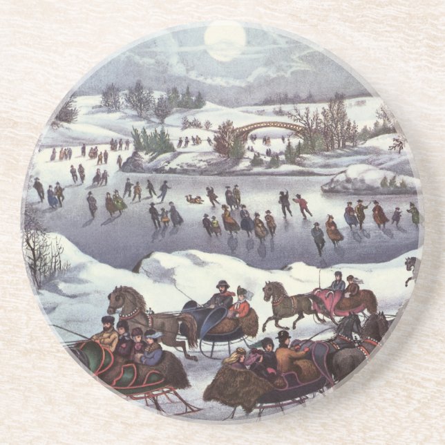 Vintage Christmas Sleighs, Central Park in Winter Coaster (Front)