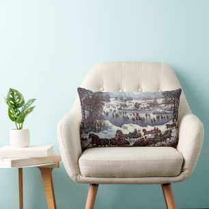Vintage Christmas Sleighs, Central Park in Winter Lumbar Cushion