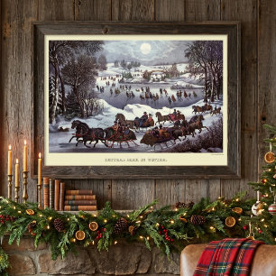 Vintage Christmas Sleighs, Central Park in Winter Poster