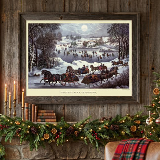 Vintage Christmas Sleighs, Central Park in Winter Poster