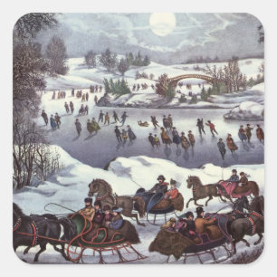 Vintage Christmas Sleighs, Central Park in Winter Square Sticker