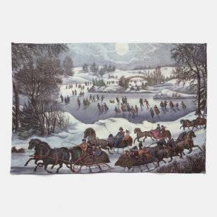 Vintage Christmas Sleighs, Central Park in Winter Tea Towel