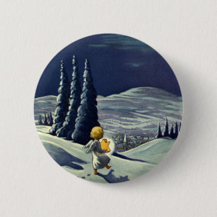 Vintage Christmas, Snow Angel Walking with a Star 6 Cm Round Badge