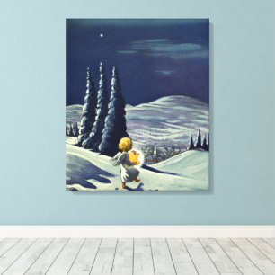 Vintage Christmas, Snow Angel Walking with a Star Canvas Print