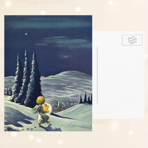 Vintage Christmas, Snow Angel Walking with a Star Holiday Postcard