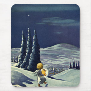 Vintage Christmas, Snow Angel Walking with a Star Mouse Mat